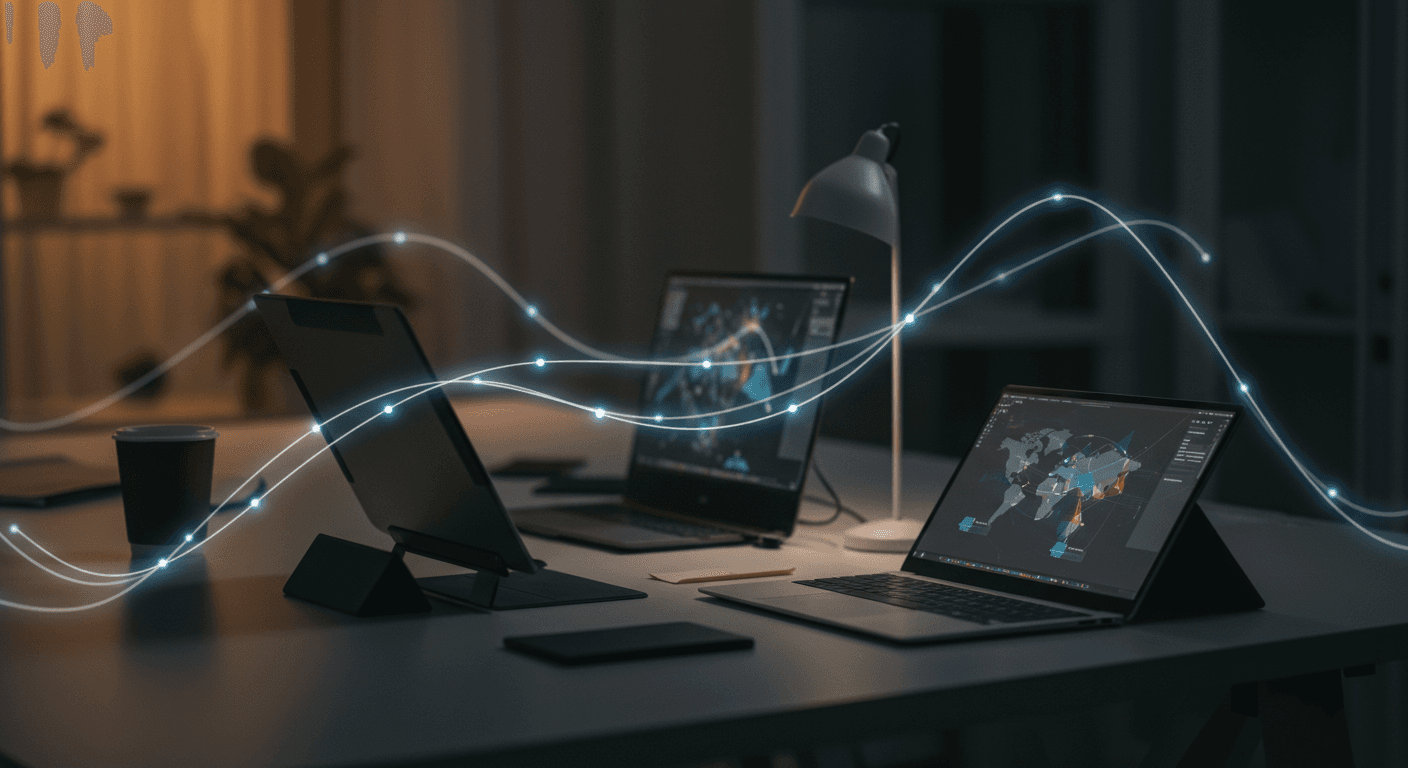 Connected laptops and tablets showing data flow
