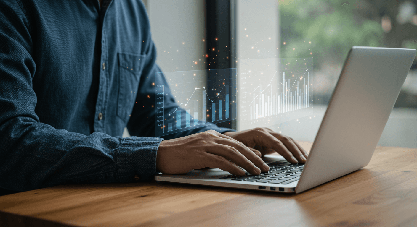 Business owner reviewing analytics on a laptop